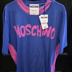Moschino Blue T-Shirt with Pink Logo